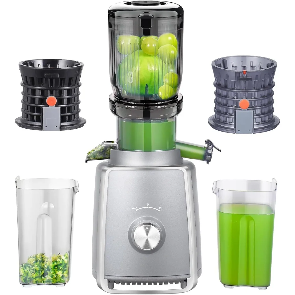 Haoyunma Koude Pers Juicer, 4-Inch Brede Toevoerchute Juicer Machines, Twee Verbeterde Filter, Hoge Opbrengst Sap, 250W Kracht, Zilver