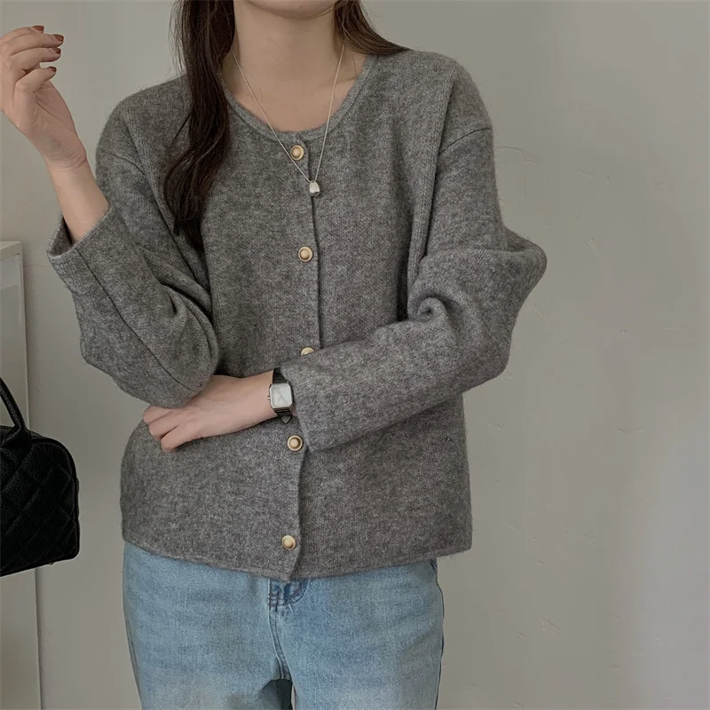 

Basic Cardigan Women Knitted Sweater O- Neck Long Sleeved Single Breasted Autumn Winter Loose Tops Casual Simple Coat Female Y2k