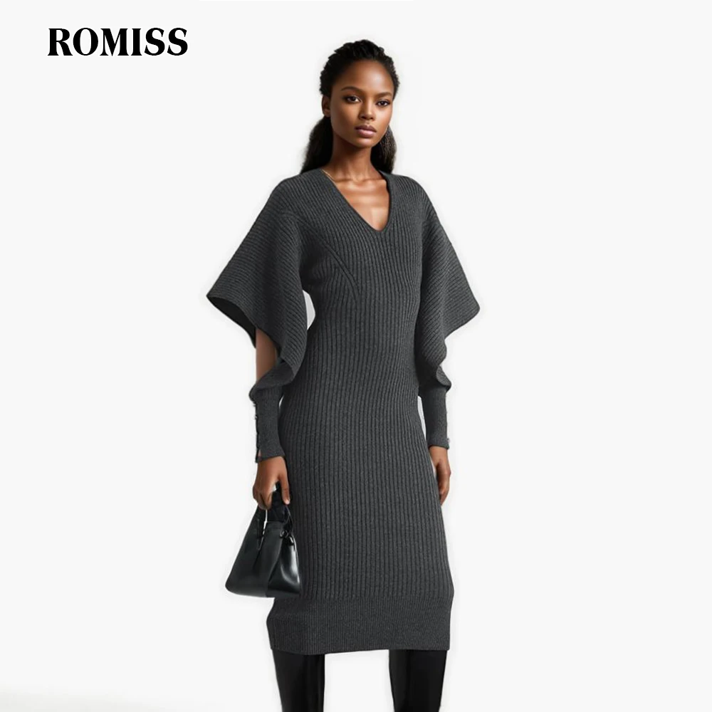 ROMISS Knitted Solid Dresses For Women Deep V Neck Long Sleeve Hollow Out High Waist Slimming Bodycon Dress Female Spring New