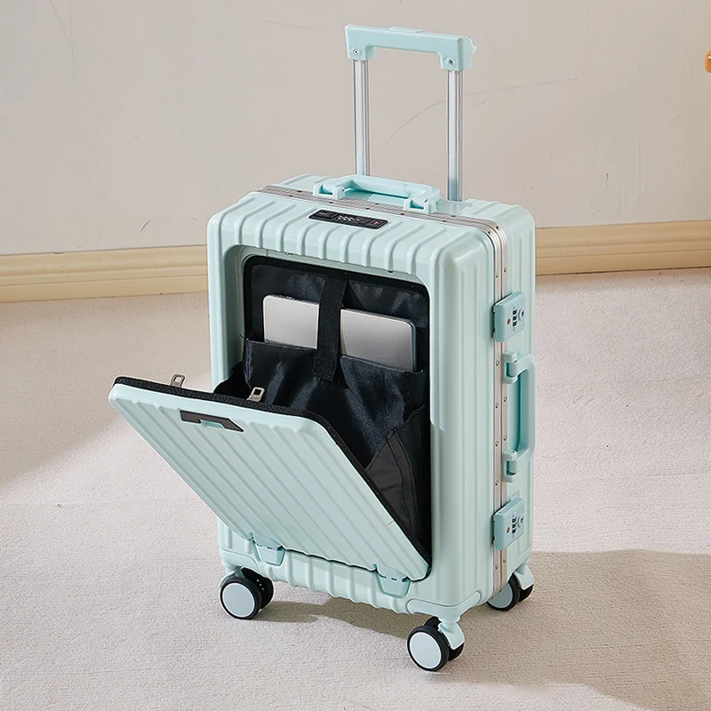 Front Opening Suitcase Aluminum Frame Business Trolley Case Universal Wheel Luggage USB Charging Port with Folding Cup Holder