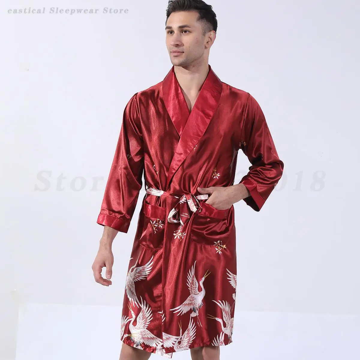 Men Kimono Bathrobe Gown Sleepwear Loose Nightwear Loungewear Silk Stain Home Clothes Male Casual Nightgown Night-Robe with Belt