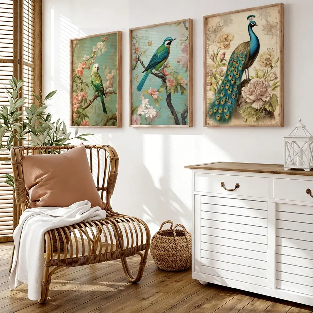 Traditional Chinoiserie Bird Poster Wall Stickers HD Painting Self Adhesive Art Decals for Bedroom Living Room Home Decor