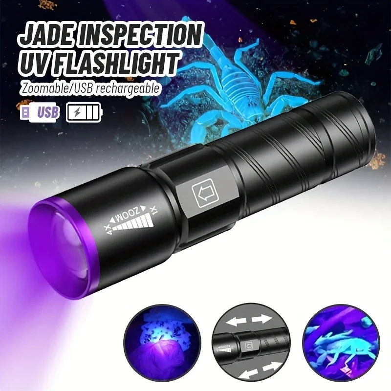 

Nice 395nm Led UV Flashlight Zoomable Rechargeable UV EDC Torch Black Light For Nail Gel Scorpion Hunting Pet Urine & Bug Detect
