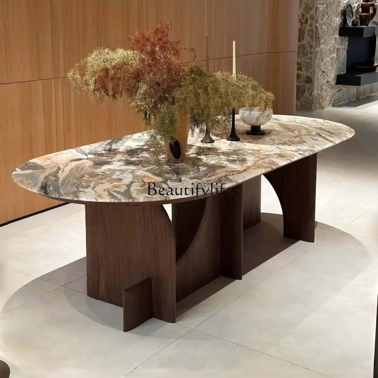 LXBlack walnut luxury stone marble slate dining table premium Italian minimalistSSS