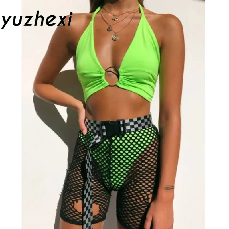 YUZHEXI backless o ring neon halter top women sexy chest wrapped bandage crop tops summer outfit