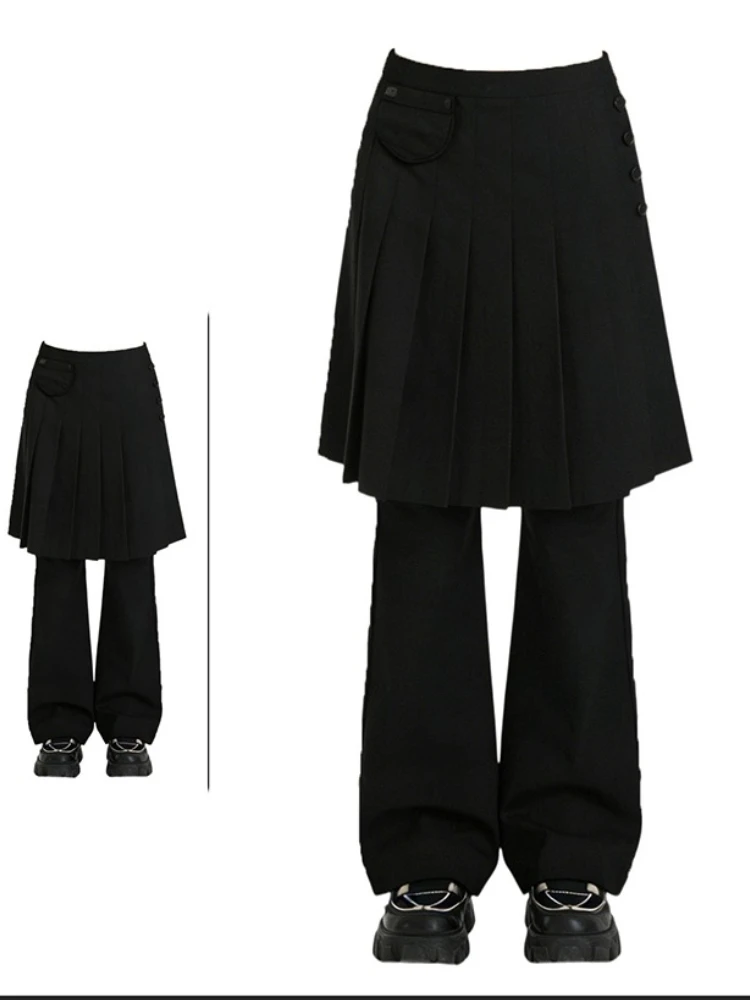 Black pleated skirt patchwork casual skirt pants women's autumn new fake two-piece design loose and wide leg pants