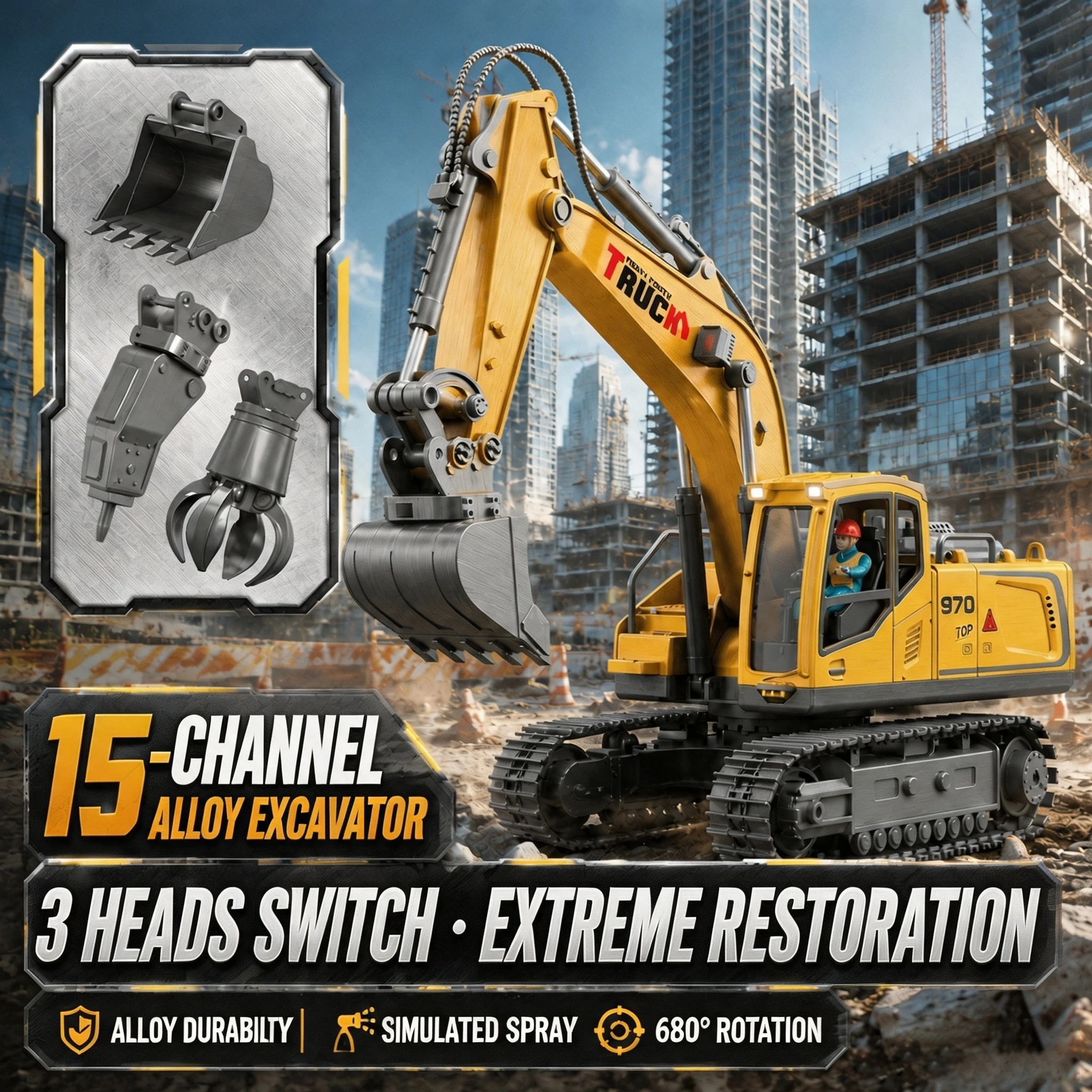 3-in-1 RC Excavator Toy, Alloy Digger with Interchangeable Drill & Grabber, Construction Vehicle Gift for Boys  ﻿