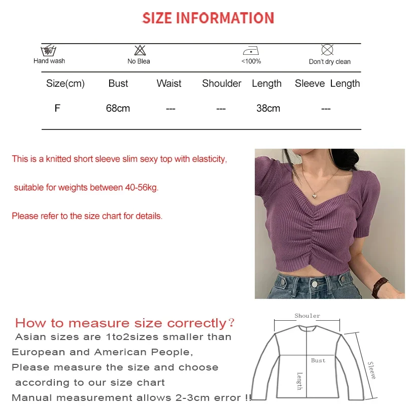 Feminino decote em v plissado topo fino ajuste sólido manga curta malha colheita topo doce pulôver verão fino camiseta y2k