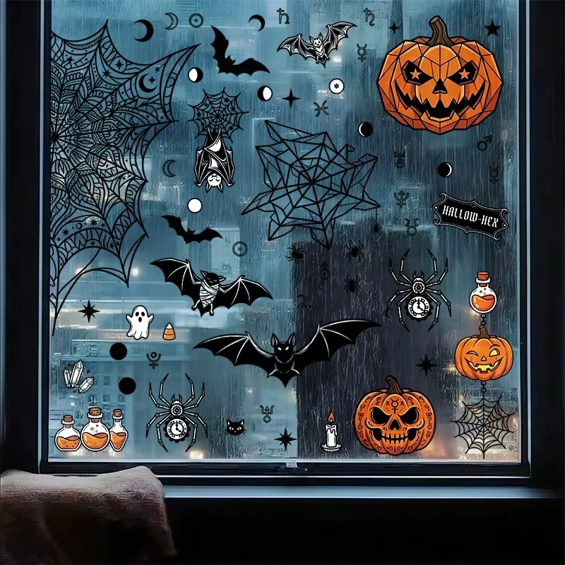 2 Sheets Halloween Pumpkin Spider Web Potion Ghost Bat Window Stickers, Showcase Glass Holiday Atmosphere Decor