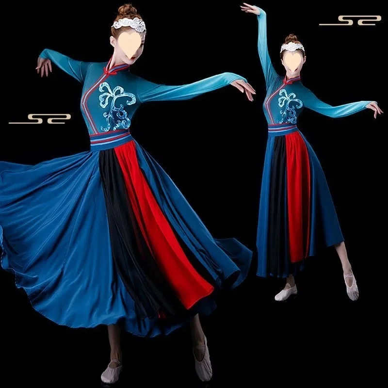 Vestido de baile tibetano para mujer, trajes de actuación de baile mongol, vestido de minorrilla étnica, trajes de baile femeninos modernos, palillos grandes, Swing