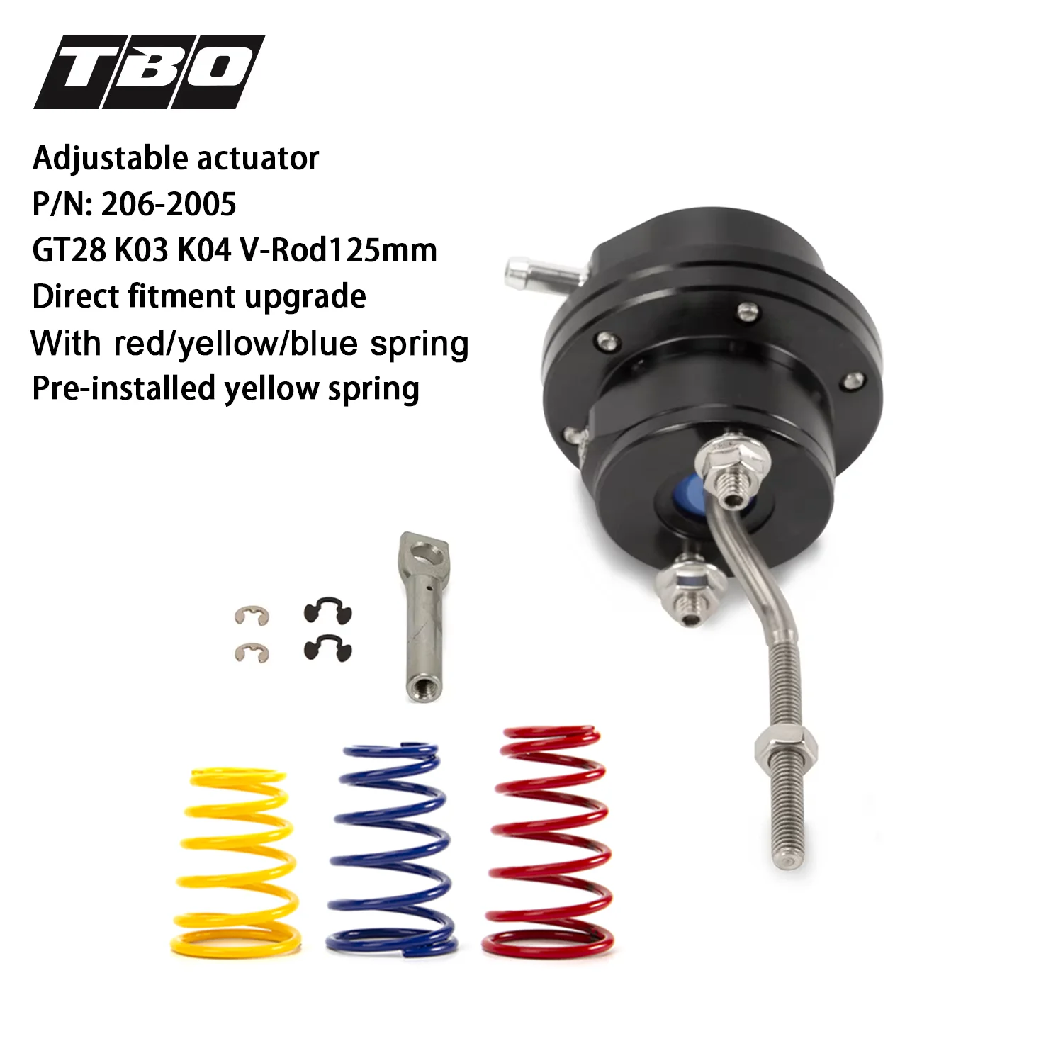 

Turbo Wastegate Adjustable Actuator V-Rod125mm For GT28 K03 K04 Turbo Direct Fitment With Green/Yellow/Blue Spring