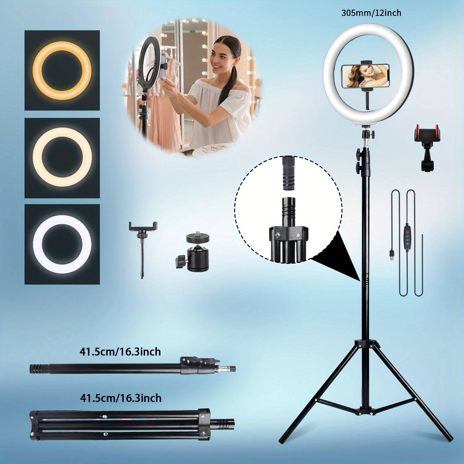 

10" 12" LED Ring Light with Tripod Stand, Phone Holder Clip, Dimmable Selfie Lighting for Makeup, TikTok YouTube Live Streaming