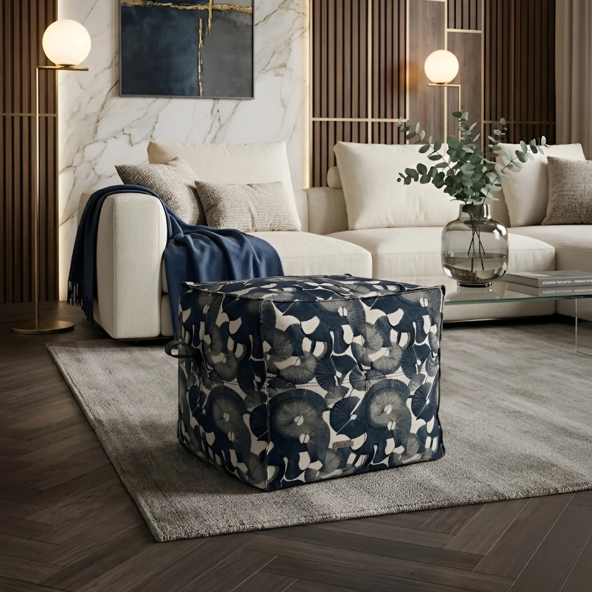 Modern Simple Ginkgo Biloba Printing Art Square Stool, Living Room Soft Bag Sofa Stool, Bedroom Pedal Stool, Shoe Changing Stool
