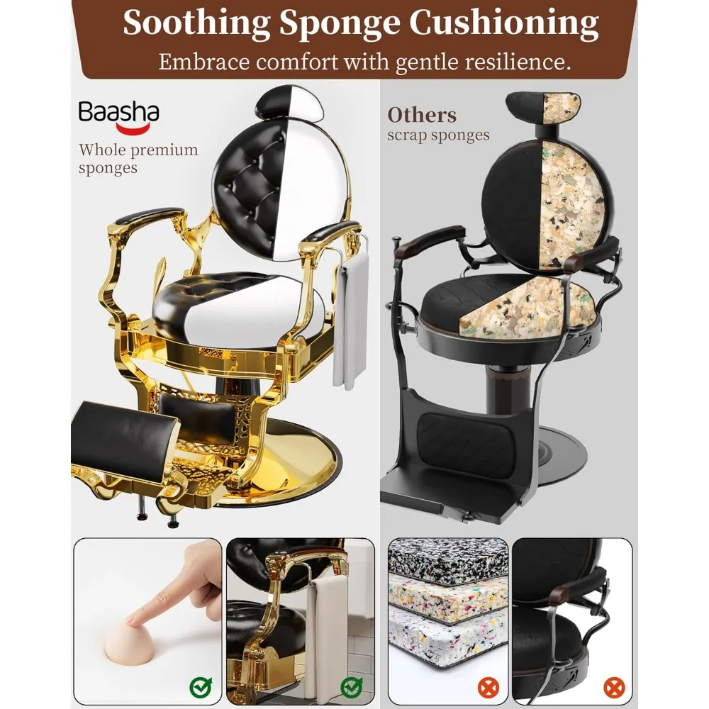 كرسي حلاق مستلق عتيق مع مسند رأس قابل للتعديل، إطار معدني شديد التحمل ودعم الوسادة، كرسي صالون ذهبي