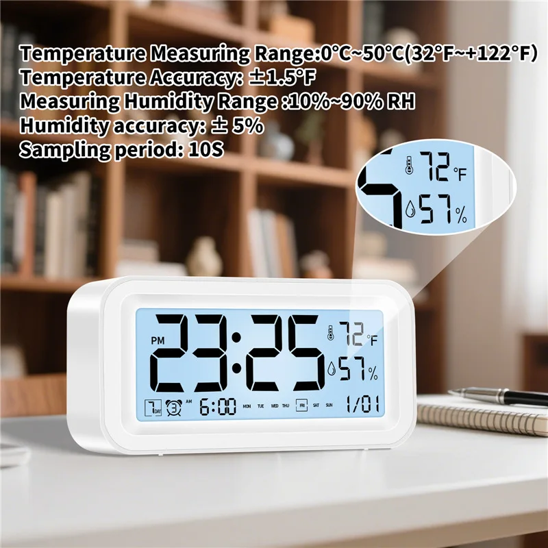 Multi-function Digital Clock LED Brightness Adjustable Temperature and Humidity Display Dual Mode Alarm Clock