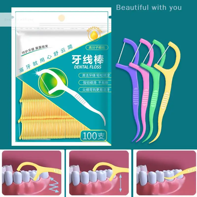 100Pcs Dental Floss Mint Flavor Mini Flosser With Toothpick Polymer Thread For Teeth Ultra-fine Flat Line Teeth Cleaning