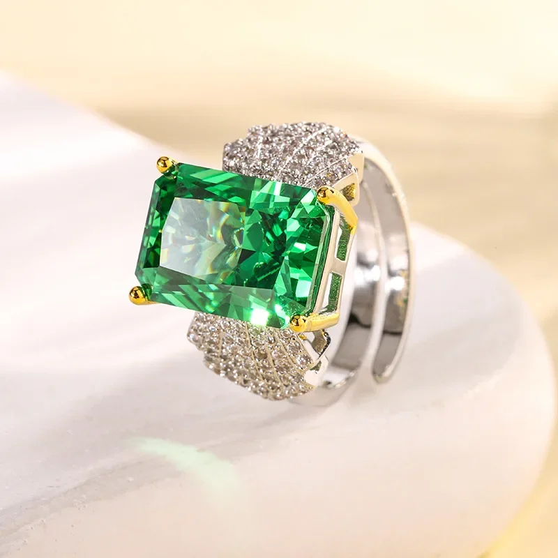 New jewelry S925 silver plated 18K gold inlaid high carbon diamond ice flower ring women's cultured gemstone 10*14