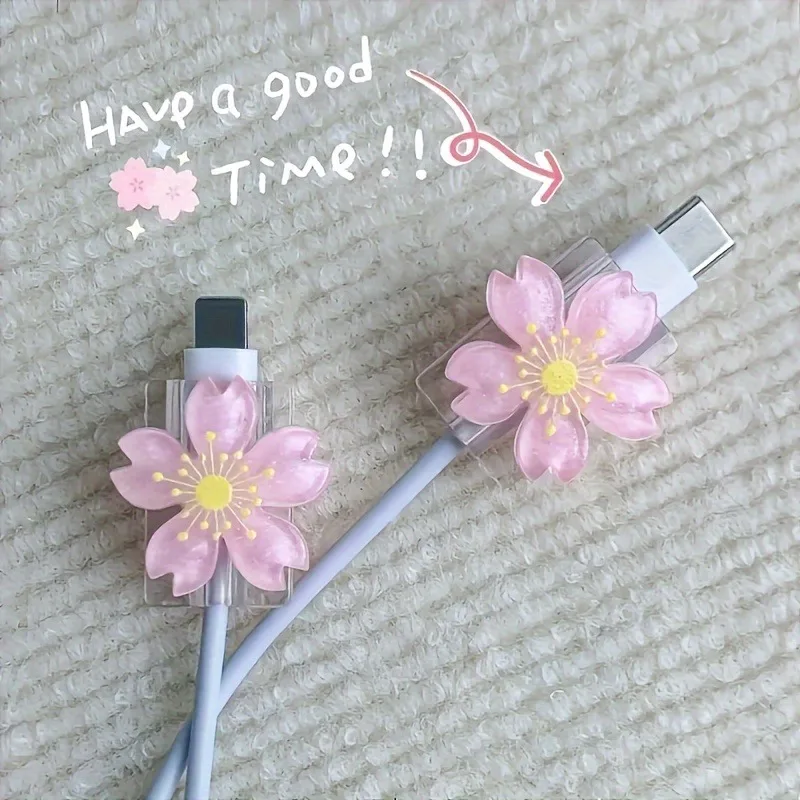 2pcs 만화 케이블 수호자 귀여운 꽃 USB 충전기 수호자 케이블 주최자 Kawaii 데이터 라인 코드 케이블 와인 더 아이폰