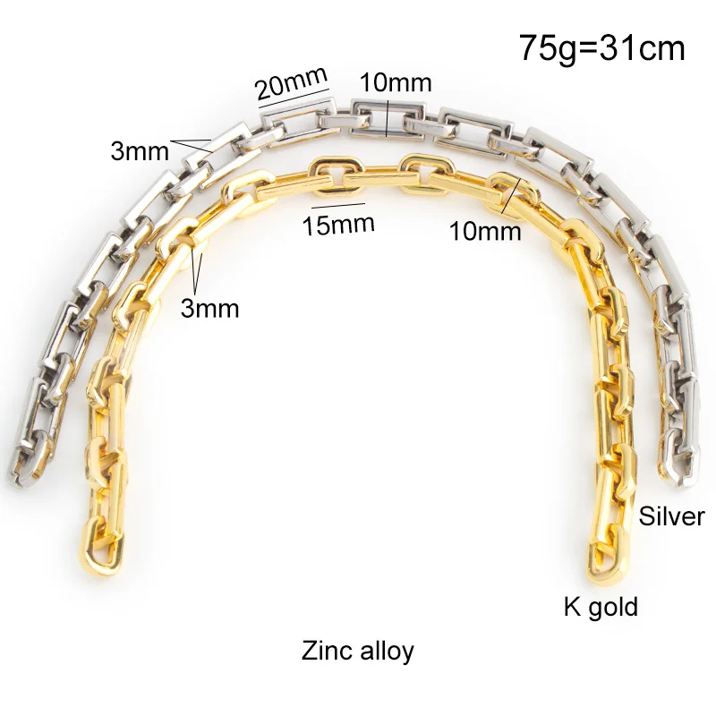 1-5 pieces 3mm thick 10mm width 2 colors Zinc Alloy K gold/Silver alloy bag chain for Diy Parts Straps Bag