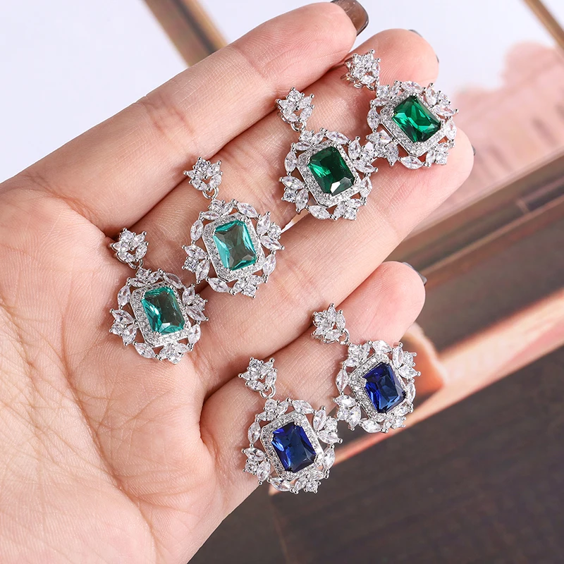 

925 Silver Plated Earrings for Women Stylish Green Blue Zircon Earrings Sparkle Jewelry Women's Party Earrings
