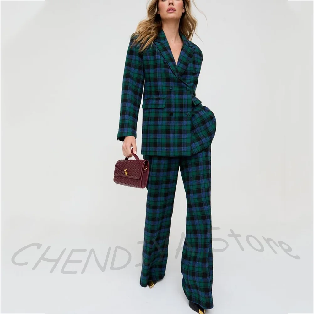 

Luxury Fashion Plaid Women's Suit Two Pieces Casual Outfit Jacket Pants Double Breasted Loose Elegant Female Clothes Set