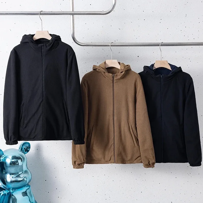 Warm Fleece Lined Men's Hooded Jacket - Casual Plaid Workwear Windbreaker for Cold Weather