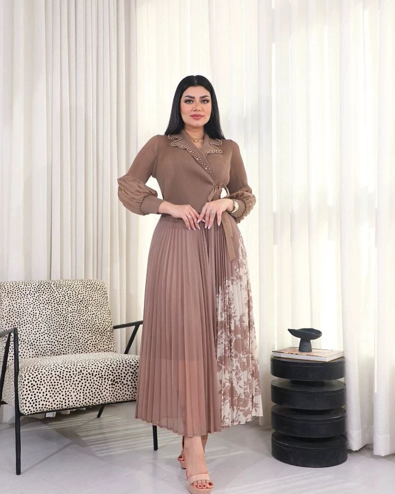 ชุดเดรส Miyaki ไซส์ใหญ่ กระโปรงพลีทสามมิติ คอปกสูท ลายพิมพ์ กระโปรงพลีทแบบสองชิ้นหลอกๆ สไตล์ยุโรปและอเมริกา แอฟริกัน ขายดี ยืดหยุ่นสูง