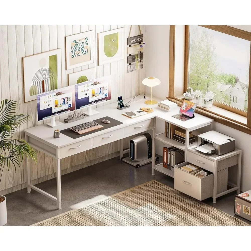 L-shaped Computer Desk, 61 Inch Reversible Home Office Workstation Desk with Power Socket and Console Rack, White