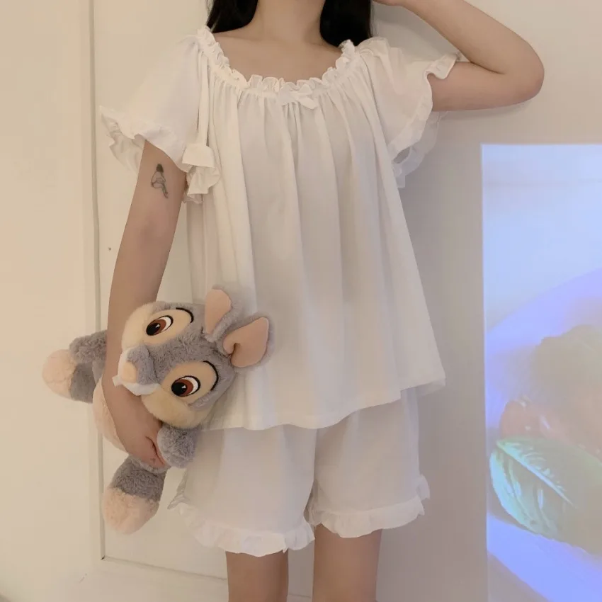 Short-sleeved Shorts Pajamas for Women Summer Cute Solid Color Fresh Home Clothes Set Pijamas De Mujer Drop Shipping