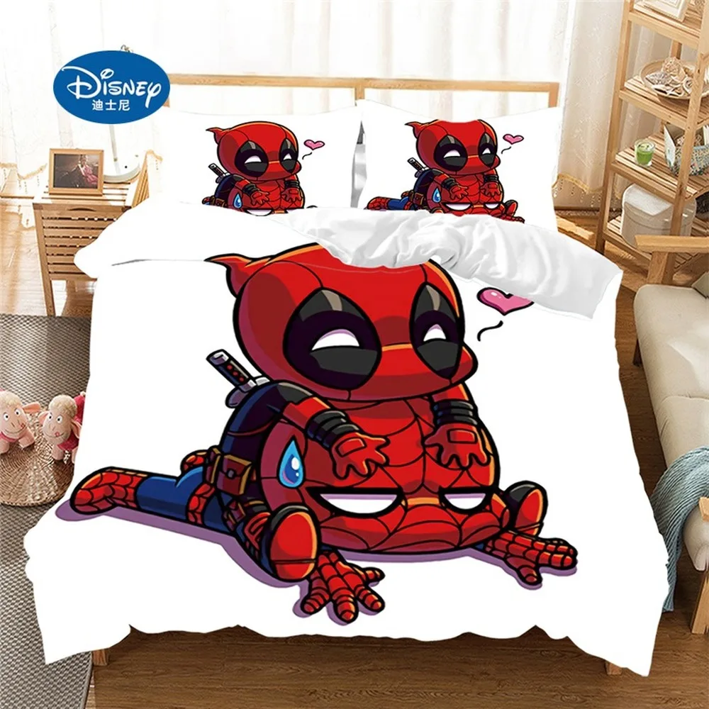 Disney-juego de ropa de cama de Deadpool, funda de edredón, funda de almohada, textiles para el hogar, regalo para adultos y niños, tamaño Queen y