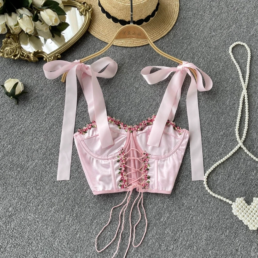 Chic Bandage Women Vintage Floral Embroidered Slim Butterfly Draw String Camis Top Korean Streetwear High Street Summer Clothing