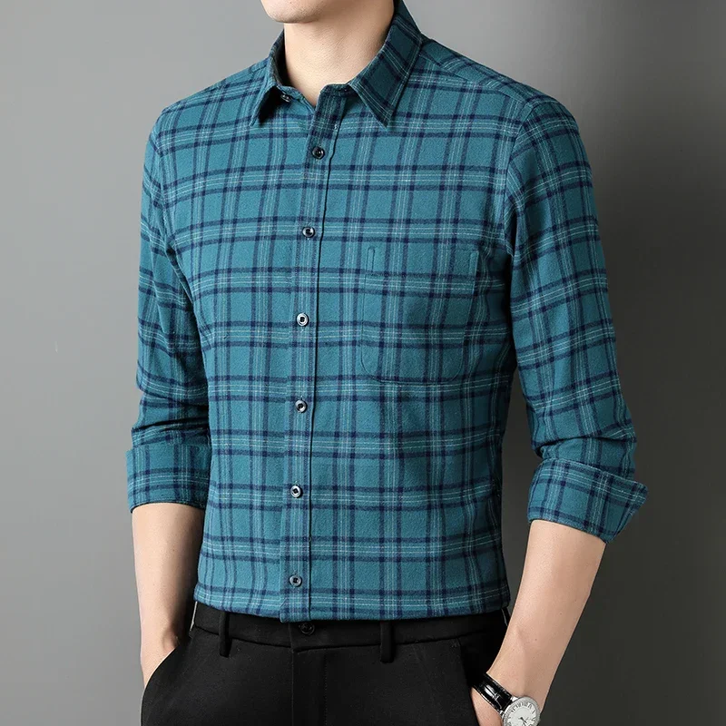 New in shirt 100%cotton sanding long-sleeve shirts for men big size plaid Smart Casual slim fit EnglandStyle soft office clothes