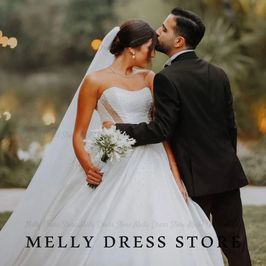 Melly Wedding Dress Sweetheart Strapless Beaded Satin amanda novias oficial A Line Sweep Train Ball Gown Bridal Gown Customized