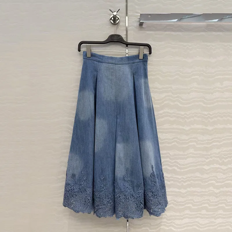 Women's Lace-Panel Denim Skirt, High-Waisted Casual A-Line Skirt, High-Quality Mid-Length Work Skirt, 2026, New Arrival, Y2K