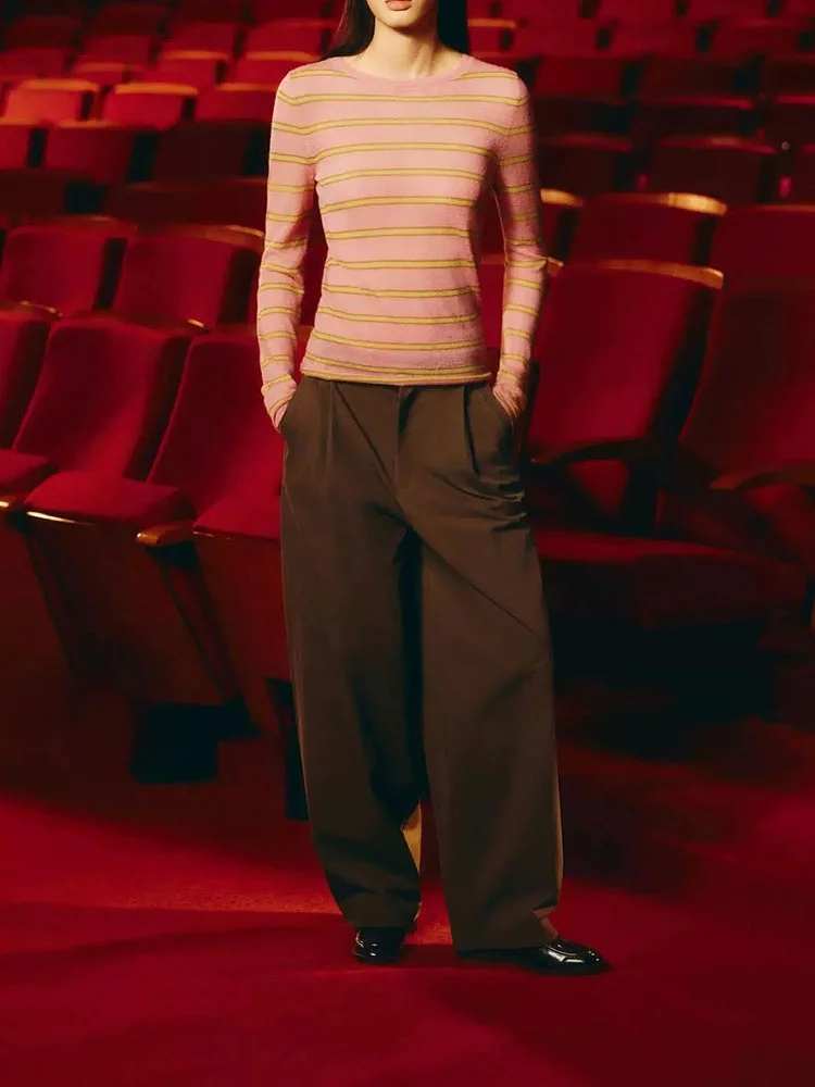 

Весна 2026: Женский вязаный свитер с длинным рукавом и круглым вырезом, в полоску, приталенный, без застежек