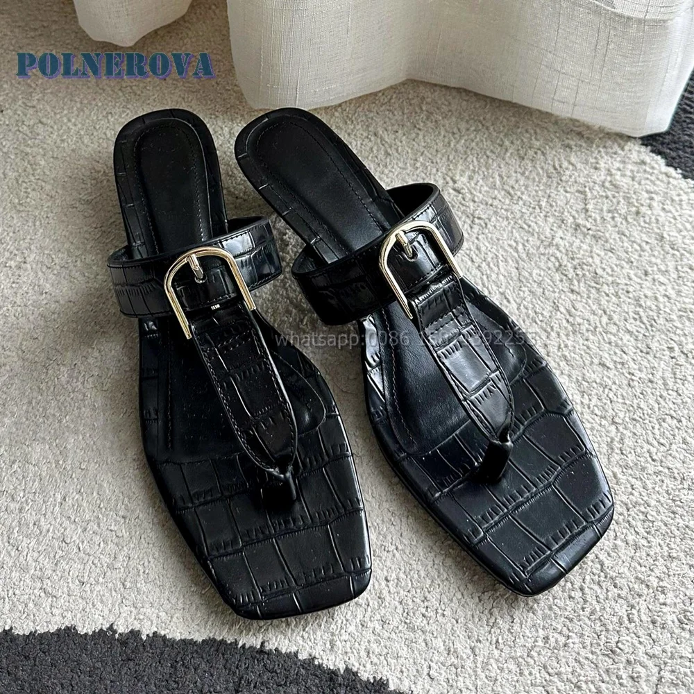 

Black Mental Buckle Black Slippers Flip Flops Stiletto T-Tied Slip On Solid Women Slides Casual Office Retro Shoes 2024 Summer