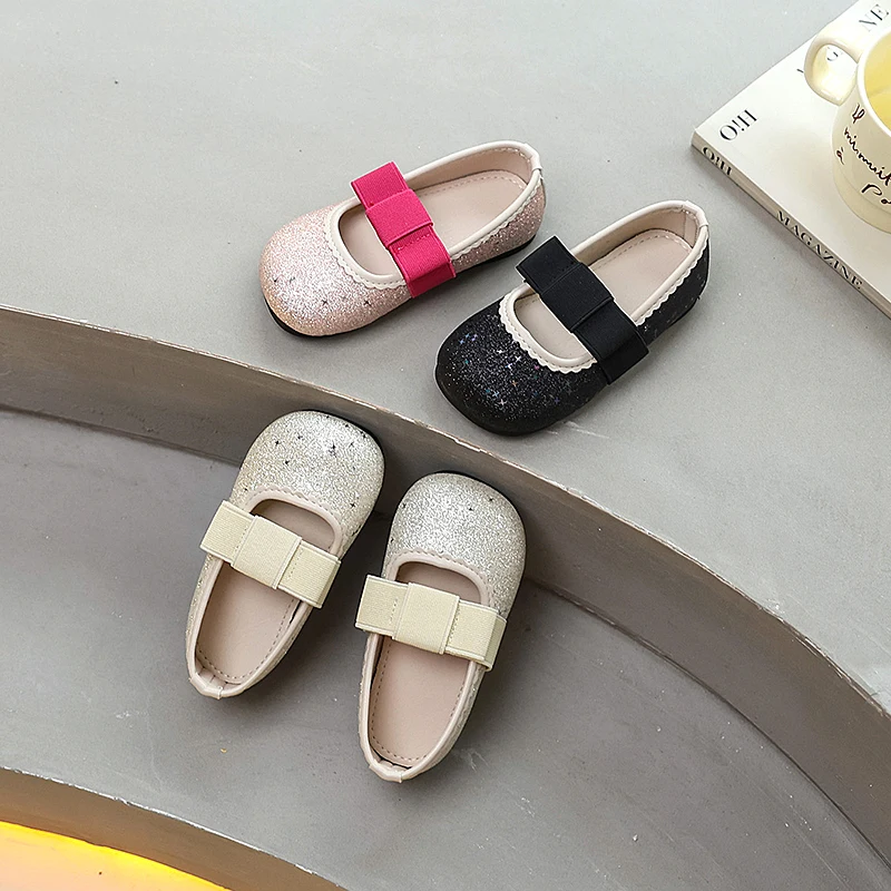 

Spring Autumn Girls Causal Ballet Shoes 2025 Sequins Kids Princess Leather Shoes Fashion Bowknot Children Flat Shoes Round-toe