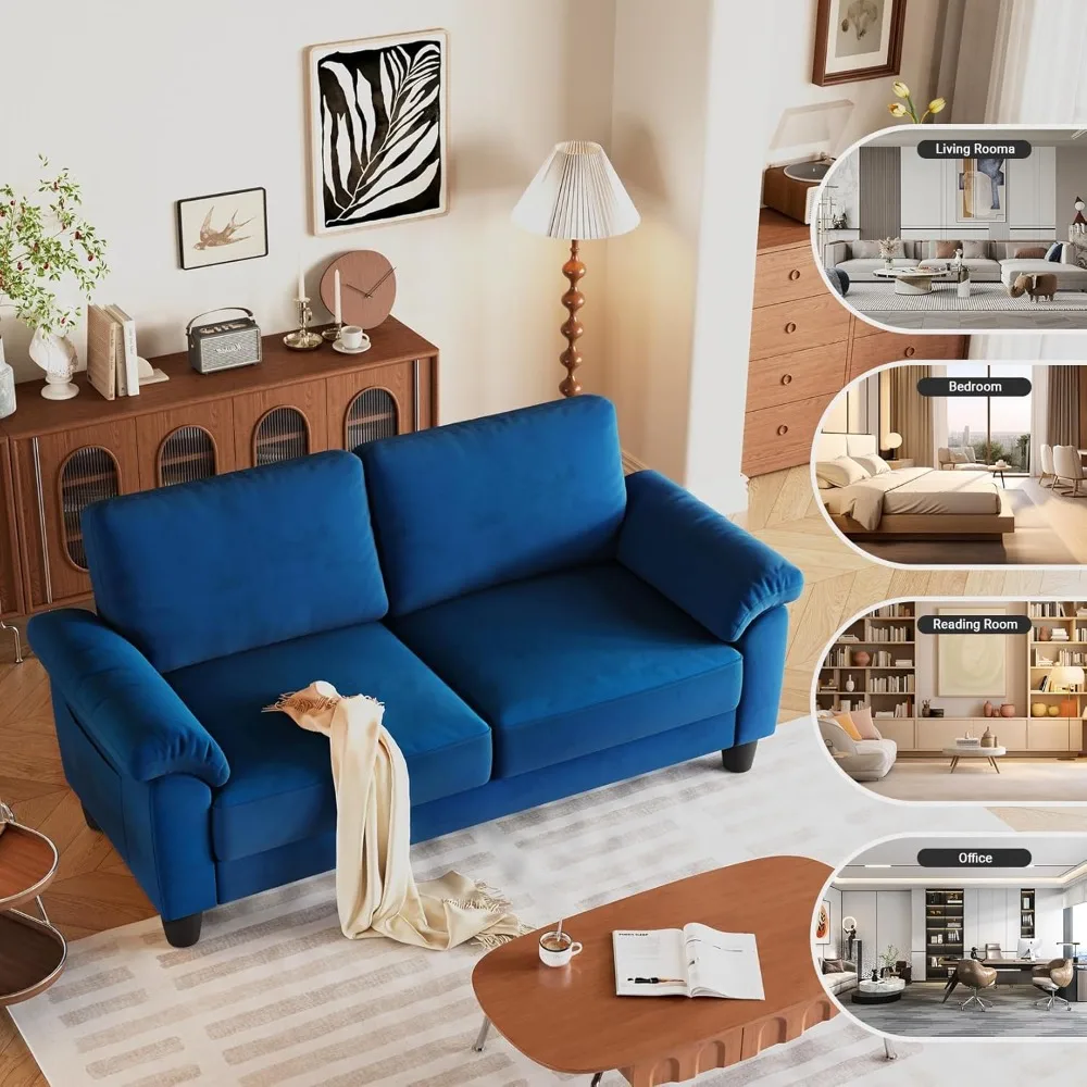 Sofá de salón de 70 pulgadas, sofás profundos de terciopelo para espacios pequeños, sofá de dos plazas moderno de mediados de siglo con bolsa de almacenamiento, dormitorio