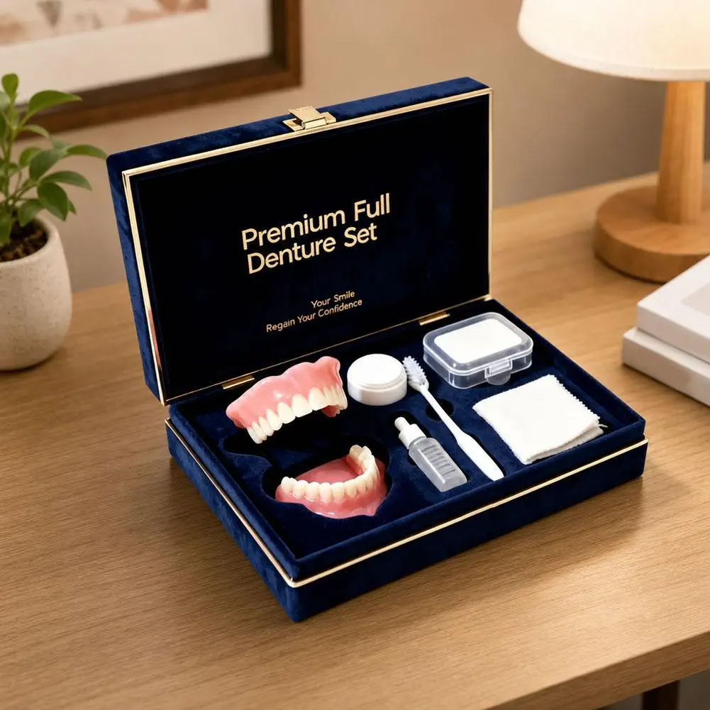 Full Denture Kit Natural Cosmetic Realistic Upper Lower Teeth Set With Cleaning Tools Comfort Fit Instant Smile Veneers