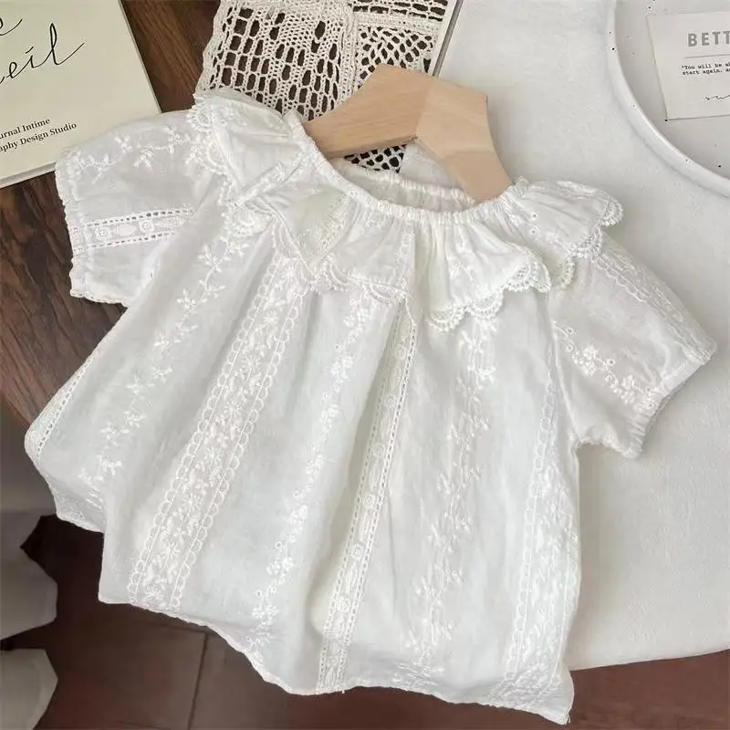 HoneyCherry Summer Girls' Lace Ruffle Collar Short Sleeve Doll Blouse, Lightweight Shirt Top