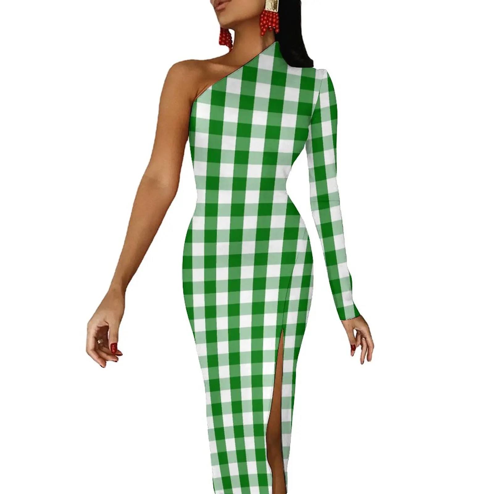 Christmas Gingham Bodycon Dress Women Green Check Plaid Trendy Maxi Dress Long Sleeve Street Style Custom Dresses Birthday Gift