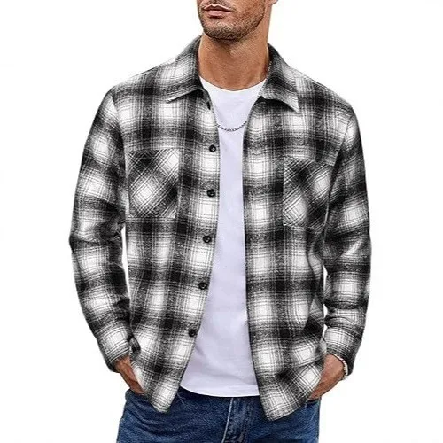 Plaid Casual Slim Fit Coat British Style Men Jacket with Open Front Digital Print Notched Lapel Long Sleeve Autumn Spring
