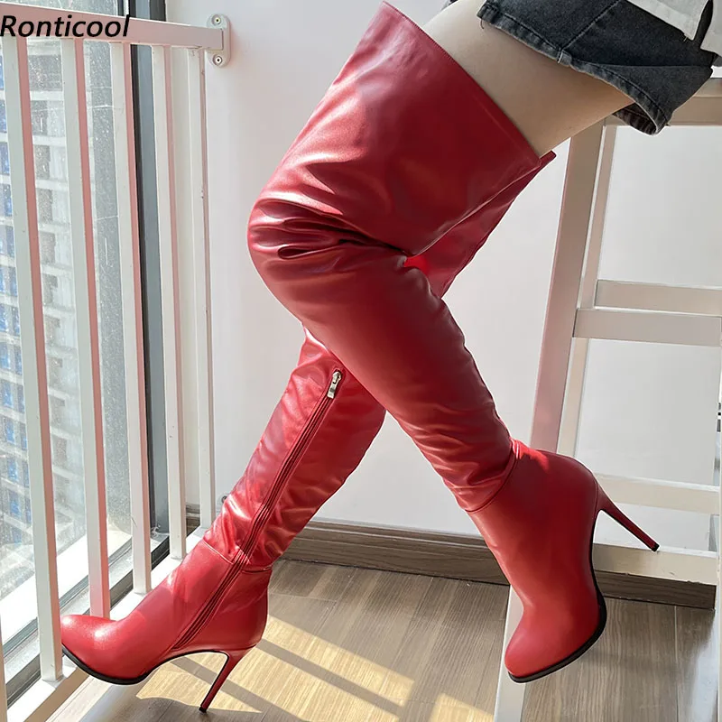 

Ronticool New Handmade Women Thigh Boots Side Zipper Unisex Sexy Stiletto Heels Round Toe Gorgeous Red Club Shoes Us Size 5-20