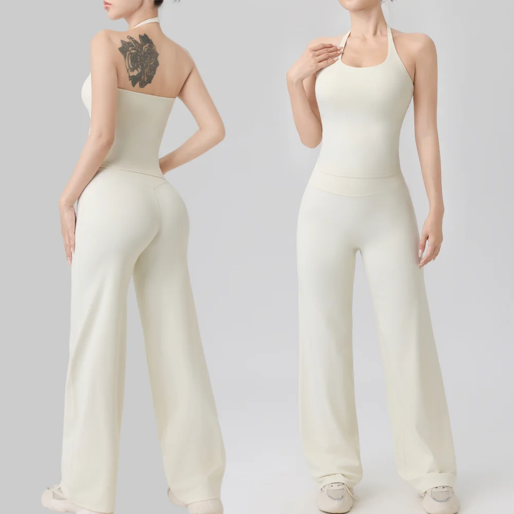 Breathable Backless Halter Neck Vest Pant Yoga Set Woman Yoga Underwear with Chest Pad Gym Fitness Sports Solid Color Yoga Set
