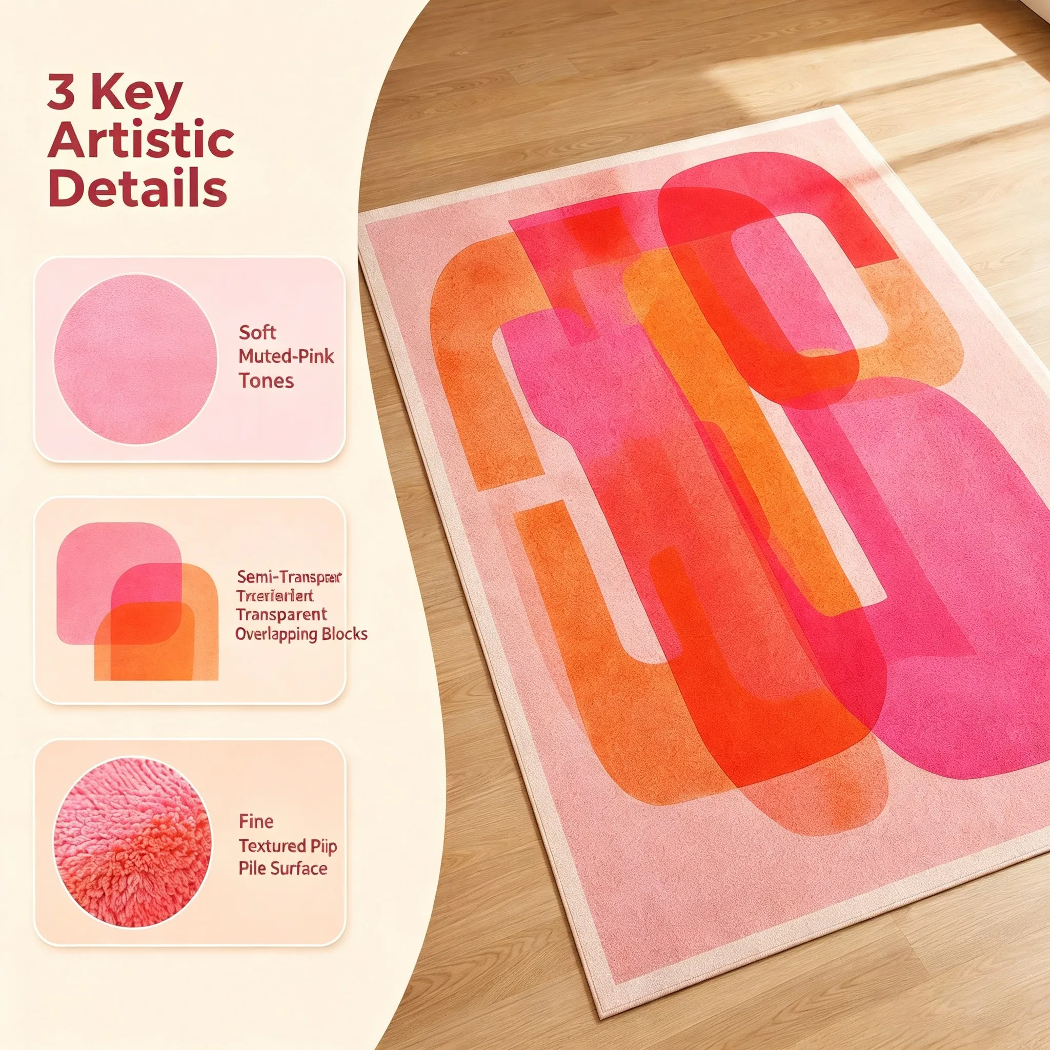 A Layered, Rounded, Geometric Color Block Rug in Shades of Pink, Orange, and Red, Perfect for a Sweet and Cool Valentine's Day Look Suitable for Living Rooms, Bedrooms, and Walk-In Closets, It Creates a Vibrant, Sweet, and Warm Atmosphere.