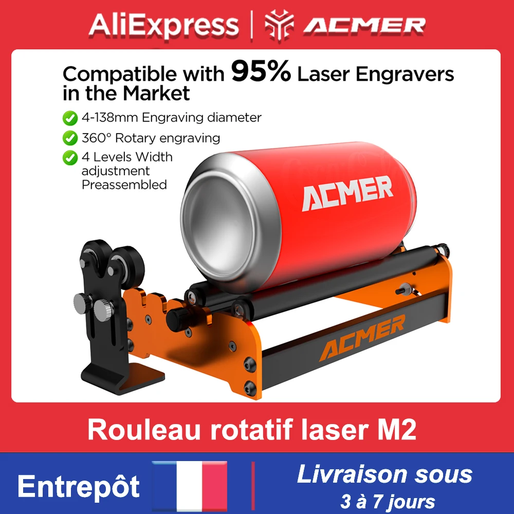 ACMER M2 Rouleau rotatif laser axe Y 360 °   Gravure de découpe Laser à moudle rotatif pour objets cylindriques, accessoires 4-138mm
