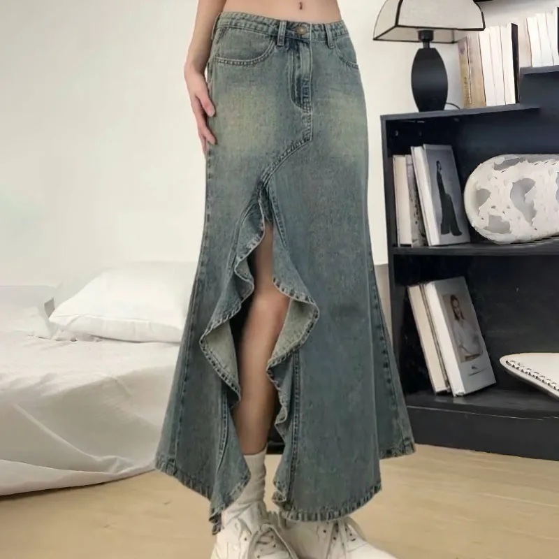 Y2k vintage oversize 4xl lavado irregular divisão denim saia feminina primavera verão cintura alta médio longo uma quadril saias rabo de peixe