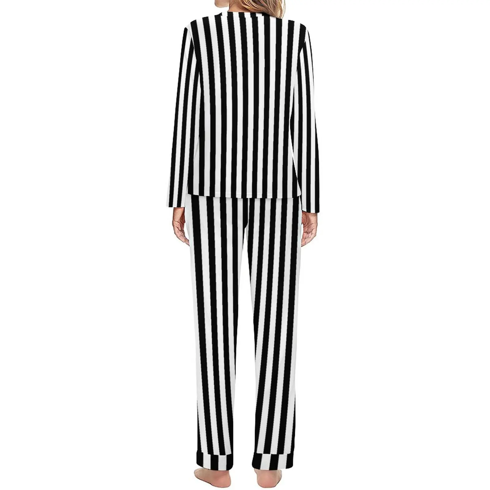 Black White Striped Pajamas Lady Vertical Lines Print Fashion Home Suit Autumn 2 Pieces Casual Oversized Pajama Sets