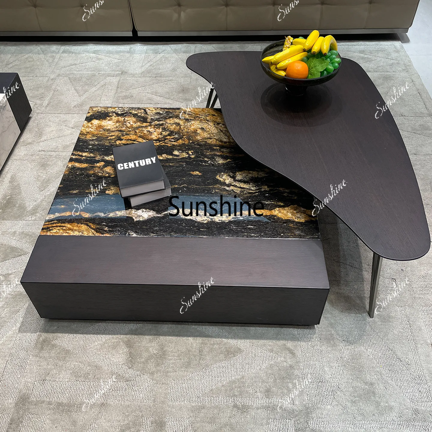 

Small apartment Italian minimalist household high-end square solid wood edge coffee table combination