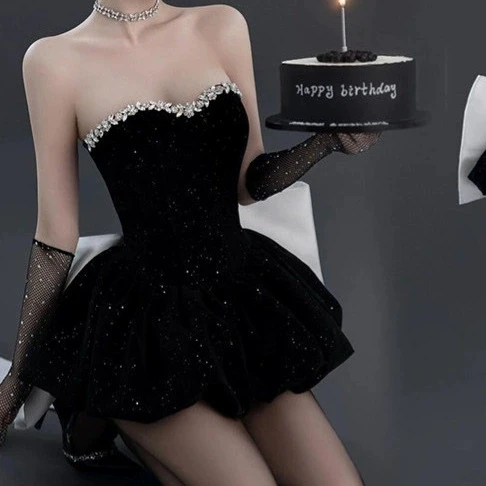 

Black tube top evening dress for women 2025 new birthday light luxury lady temperament bow dress-GZXX659